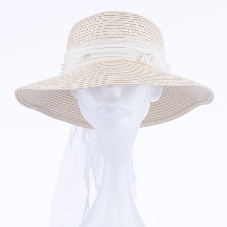 Palarie de paie impletita cu decoratiune funda cu perle fine, bej [1]