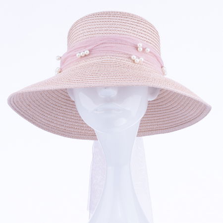 Palarie de paie impletita cu decoratiune funda cu perle fine, roz deschis [1]