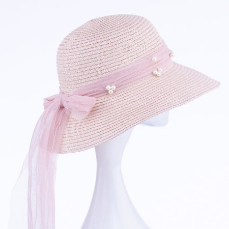 Pălarii - Palarie de paie impletita cu decoratiune funda cu perle fine, roz deschis