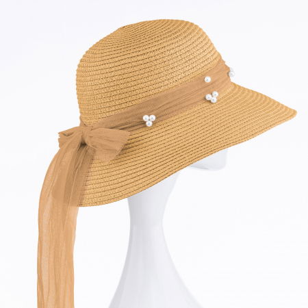 Pălarii - Palarie de paie impletita cu decoratiune funda cu perle fine, camel