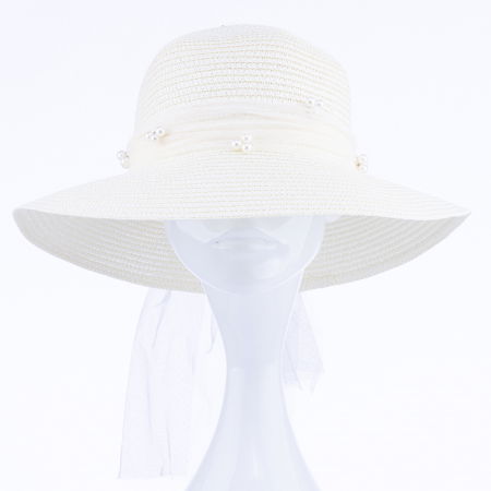 Palarie de paie impletita cu decoratiune funda cu perle fine, ivoire [1]