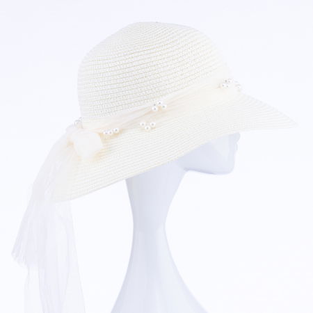 ACCESORII DAMĂ - Palarie de paie impletita cu decoratiune funda cu perle fine, ivoire