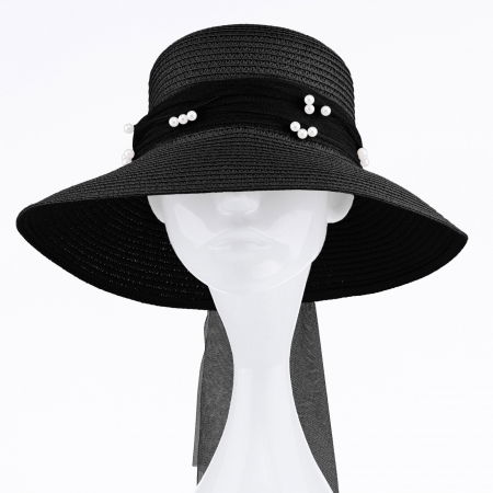 Palarie de paie impletita cu decoratiune funda cu perle fine, neagra [1]