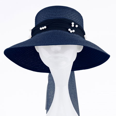 Palarie de paie impletita cu decoratiune funda cu perle fine, bleumarin [1]