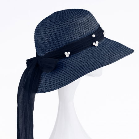 Pălarii - Palarie de paie impletita cu decoratiune funda cu perle fine, bleumarin