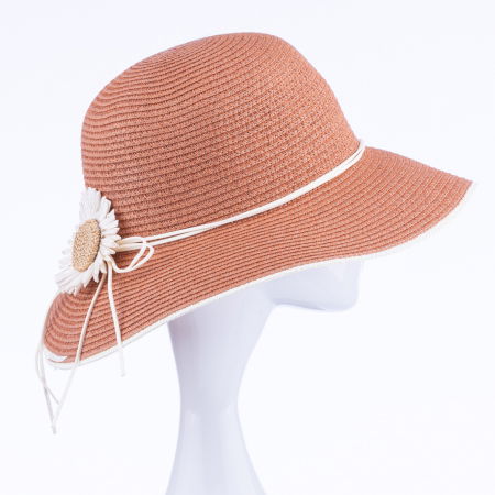 ACCESORII DAMĂ - Palarie de paie impletita cu decoratiune margareta, caramiziu deschis