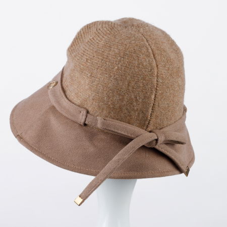 Palarie flexibila de lana si stofa cu bor mic si funda la spate, bej inchis [1]