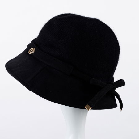 Palarie flexibila de lana si stofa cu bor mic si funda la spate, neagra [1]