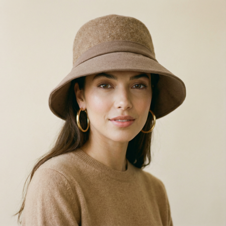 Pălarii de Iarnă - Palarie flexibila de lana si stofa cu bor mic si funda la spate, bej inchis