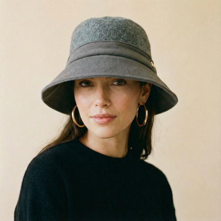 Pălarii de Iarnă - Palarie flexibila de lana si stofa cu bor mic si funda la spate, gri