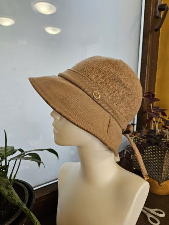 Palarie flexibila de lana si stofa cu bor mic si funda la spate, bej inchis [8]