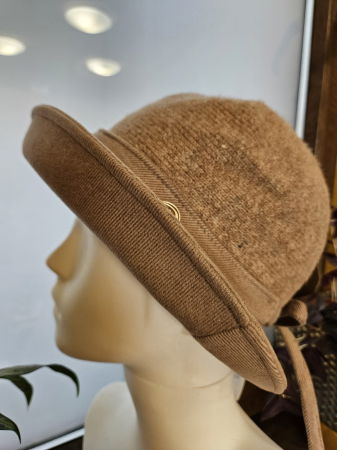 Palarie flexibila de lana si stofa cu bor mic si funda la spate, bej inchis [4]