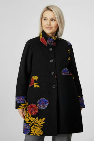 Geci Groase & Paltoane - Palton negru, captusit, cu flori colorate, din lana naturala