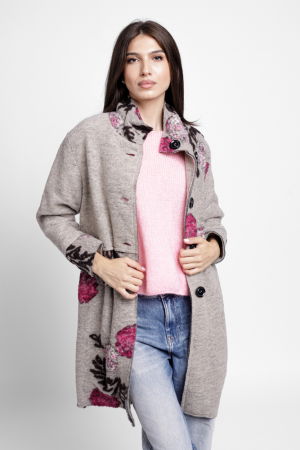 Geci Groase & Paltoane - Palton bej, captusit, cu flori colorate, din lana naturala