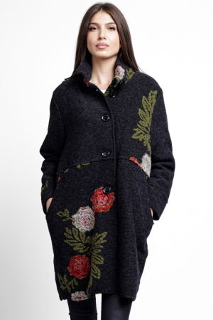 Geci Groase & Paltoane - Palton gri inchis, captusit, cu flori colorate, din lana naturala