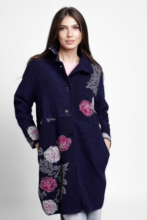 MĂSURI MARI - Palton bleumarin, captusit, cu flori colorate, din lana naturala