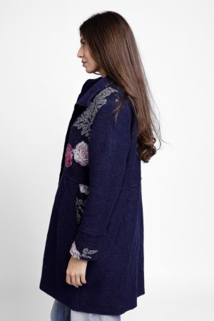 Palton bleumarin, captusit, cu flori colorate, din lana naturala [2]
