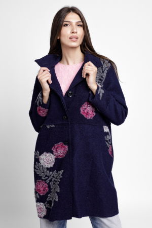 Palton bleumarin, captusit, cu flori colorate, din lana naturala [1]