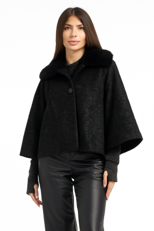 Palton scurt dama negru, cu lana, cu guler blanita – jacheta eleganta captusita [0]