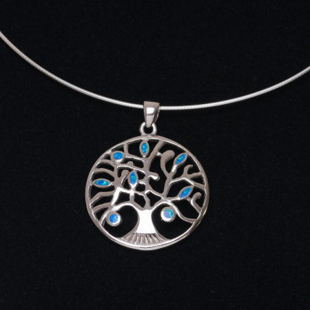 BIJUTERII - Pandant rotund Pomul Vietii din argint 925 cu frunze albastre din paua shell