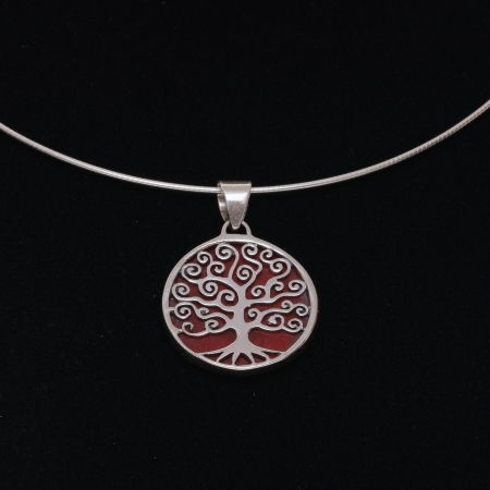 BIJUTERII - Pandant rotund din argint 925 Pomul Vietii cu coral, diametru 2.5 cm