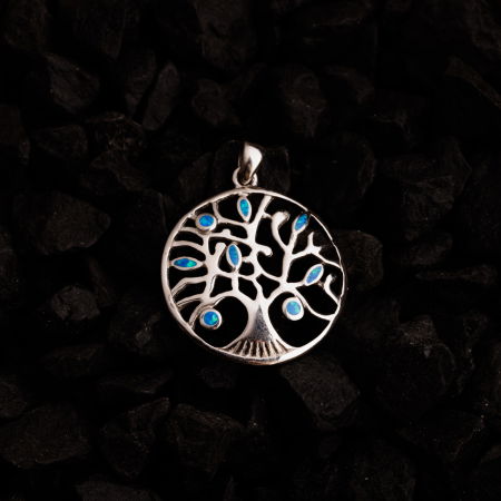 Pandant rotund Pomul Vietii din argint 925 cu frunze albastre din paua shell [2]