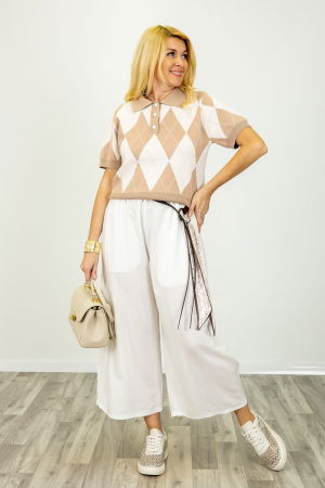 NOU IN SHOPIKA - Pantaloni alb ivory cu croiala balon si curea cu esarfa