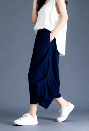 Pantaloni balon cu drapaj lateral, stil japonez, bleumarin [2]