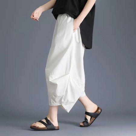 Pantaloni balon cu drapaj lateral, stil japonez, albi [2]