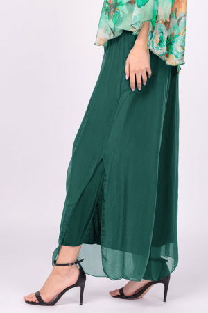 Pantaloni verde inchis din matase si vascoza, cu crapaturi laterale [1]