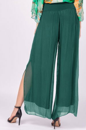 Pantaloni verde inchis din matase si vascoza, cu crapaturi laterale [2]