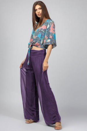 Pantaloni din Mătase si Vâscoză - Pantaloni mov inchis din matase si vascoza,, tip salvari
