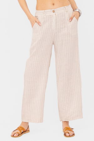 Pantaloni din In - Pantaloni cu fermoar, de vara, din in, cu dungute fine, bej