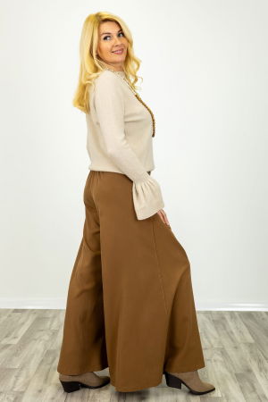 Pantaloni dama eleganti palazzo cu talie inalta si croiala fluida, camel [1]