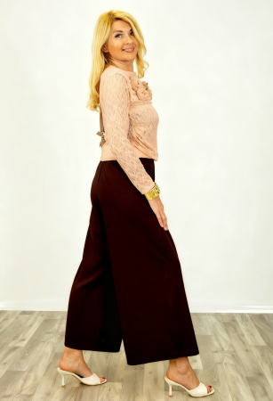 Pantaloni dama eleganti palazzo cu talie inalta si cordon decorativ, maro [2]