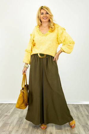 Pantaloni dama eleganti palazzo cu talie inalta si croiala fluida, kaki [1]