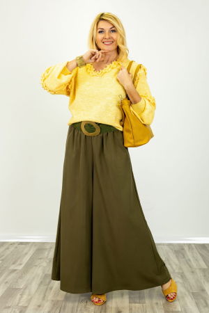 Pantaloni dama eleganti palazzo cu talie inalta si croiala fluida, kaki [2]