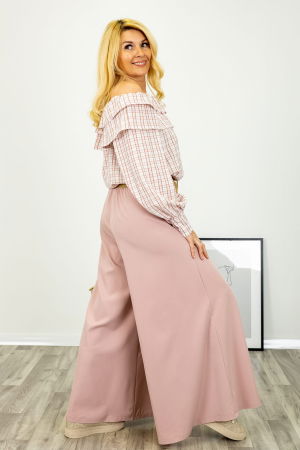 Pantaloni dama eleganti palazzo cu talie inalta si croiala fluida, roz prafuit [1]