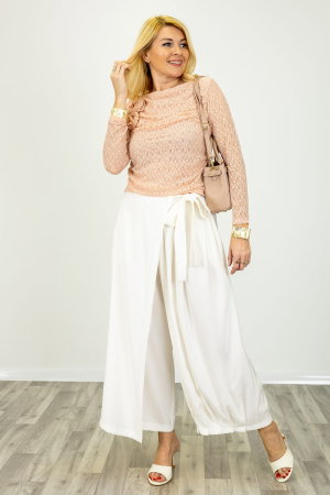 antaloni dama eleganti palazzo cu talie inalta si cordon decorativ, ivoire [1]