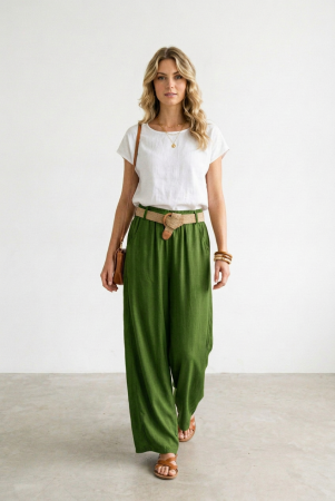Pantaloni dama lejeri din tencel, cu talie elastica si curea, verde olive [1]