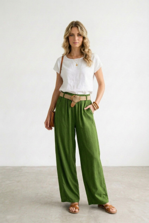 ÎMBRĂCĂMINTE - Pantaloni dama lejeri din tencel, cu talie elastica si curea, verde olive