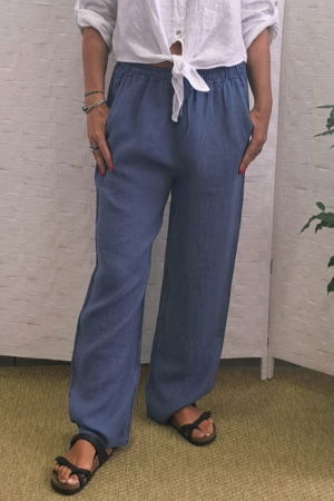 Pantaloni din In - Pantaloni de vara, drepti, din in, cu siret in talie, albastru jeans