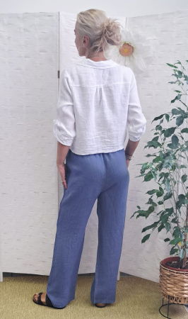 Pantaloni de vara, drepti, din in, cu siret in talie, albastru jeans [4]