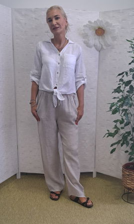 Pantaloni de vara, drepti, din in, cu siret in talie, bej [1]