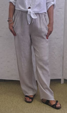 Pantaloni din In - Pantaloni de vara, drepti, din in, cu siret in talie, bej