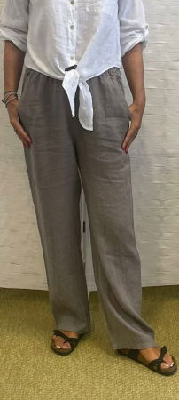 Pantaloni de vara, drepti, din in, cu siret in talie, bej inchis [1]