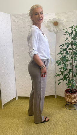 Pantaloni de vara, drepti, din in, cu siret in talie, bej inchis [4]