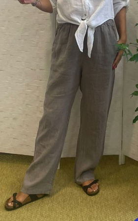 Pantaloni din In - Pantaloni de vara, drepti, din in, cu siret in talie, bej inchis