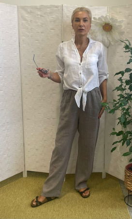 Pantaloni de vara, drepti, din in, cu siret in talie, bej inchis [2]