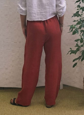 Pantaloni de vara, drepti, din in, cu siret in talie, caramizii [7]